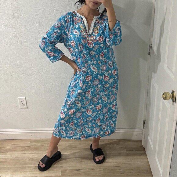 Go Softly Patio Dress Light Denim Cotton Embroidered Peacocks‎ Pockets Large L - Picture 1 of 10